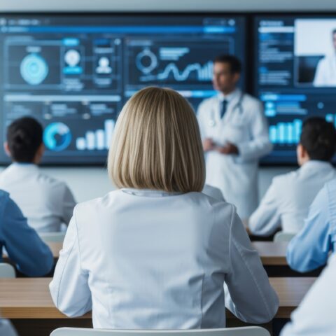 Doctors and medical students in white coats attending a healthcare conference in a hospital lecture hall.